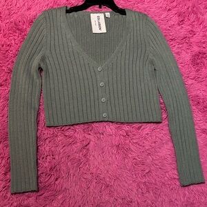 Collusion Cropped Ripped Cardigan-Olive Green